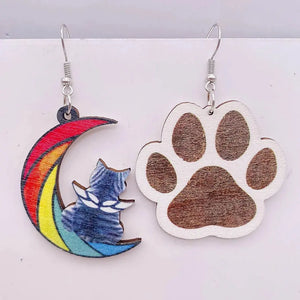 Wooden Cat Paw Moon Earrings: Colorful, Handmade, Boho