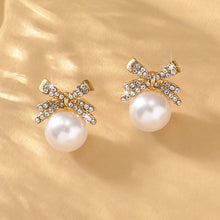 Load image into Gallery viewer, 2 Women's Silver Needle Bow Studded With Diamond Pearl Earrings, Fashionable And Niche Design, High-end And Refreshing Earrings