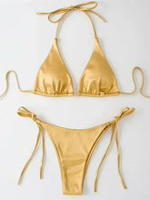 Load image into Gallery viewer, Halter Brazilian Metallic Satin Bikini Women Swimwear Female Swimsuit Two-pieces Bikini Set High Cut Bathing Suit Swim Beachwear