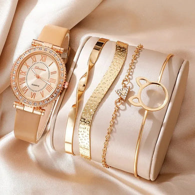 Women's Fashion Quartz Watch Luxury Leather Band Analog Wristwatch Bracelet Set