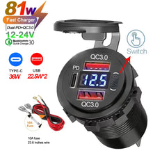 Load image into Gallery viewer, NEW 117W Dual PD Dual QC 3.0 USB Car Charger with Voltmeter Socket Power Outlet Adapter Waterproof for 12V/24V Car Boat Hot Sale