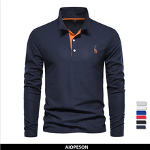 Load image into Gallery viewer, AIOPESON 2023 New Men's Deer Embroidery Polo Shirts Solid Color Long Sleeve Social Business Male