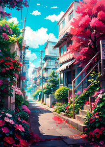Japanese Street Scenery Sakura Architecture Canvas Posters and Prints Wall Art Paintings Mural for Modern Living Room Home Decor