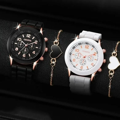 Fashion Simple Set Watches Luxury Men Women Quartz Silicone Silver Business Bracelet