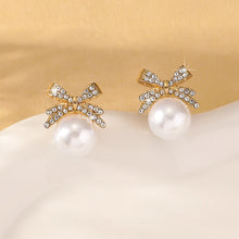 Load image into Gallery viewer, 2 Women's Silver Needle Bow Studded With Diamond Pearl Earrings, Fashionable And Niche Design, High-end And Refreshing Earrings