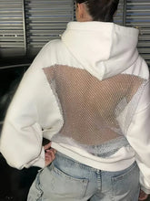 Load image into Gallery viewer, Sisterlinda Hooded Harajuku Sweatshirt Women Autumn Trend Backless ShinyThrea Mesh Patchwork Casual Street Hipster Pulloverr
