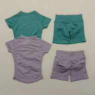 2 Piece Workout Sets for Women, Seamless Short Sleeve Yoga Top & High Waist Running Shorts, Activewear Gym Outfit