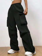 Plain Flap Pockets Sporty Pants, Loose Fit Side Drawstring Outdoor Casual Trousers, Women's Activewear