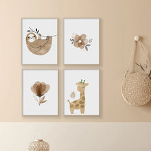 Load image into Gallery viewer, Cute Cartoon Elephant Giraffe Watercolor Nursery Canvas Wall Art Print