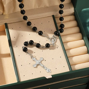 Faux Pearl Choker! Cross Pendant, Rosary Beads, Handmade