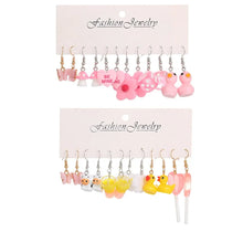 Load image into Gallery viewer, 12 Pairs Children&#39;s Earrings Set - Butterfly, Candy, Duck, Cow, Mushroom Pendants