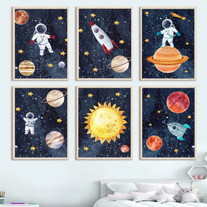 Space Rocket Astronaut Canvas Art Nordic Poster Baby Room Decor