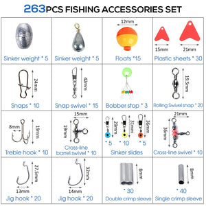 263pcs Outdoor Fishing Accessories Set with Tackle Box - Pliers, Hooks, Sinkers, Swivels