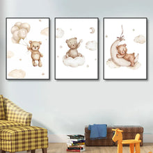 Load image into Gallery viewer, Set of 3 Frameless Cartoon Bear Balloon Cloud Nursery Wall Art Canvas Posters