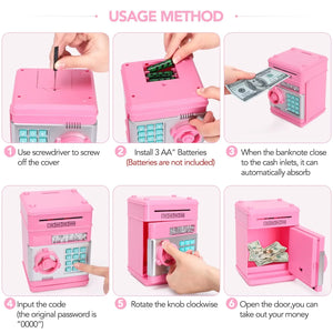 Electronic Password Money Box - Coins & Cash Saving Box with Key Lock, Mini Safe