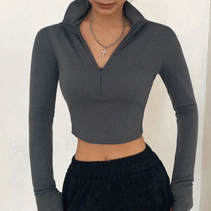 Women's Spring Crop Top: Sexy Turtleneck Zipper Shirt for Party