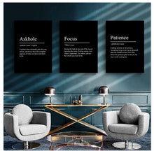 Load image into Gallery viewer, Black Minimalist Inspirational phrases Poster Print Success Focus Patience Definition Canvas Painting for Home Office Wall Decor