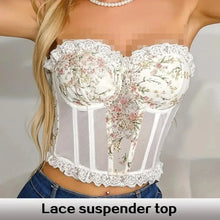 Load image into Gallery viewer, White Fishbone Lace Bra  Embroidered Flowers, Strapless