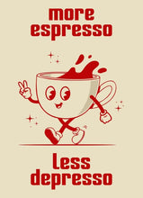 Load image into Gallery viewer, Retro Kitchen Food Cartoon Poster Character Coffee More Espresso Less Depresso Quotes Poster Wall Canvas Painting Room Decor