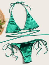 Load image into Gallery viewer, Halter Brazilian Metallic Satin Bikini Women Swimwear Female Swimsuit Two-pieces Bikini Set High Cut Bathing Suit Swim Beachwear