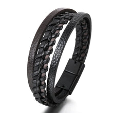 Load image into Gallery viewer, Men Multilayer Leather Bracelet Stainless Steel Braided Rope 21cm