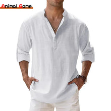 Load image into Gallery viewer, Men&#39;s Casual Cotton Linen Henley Beach Shirts - Lightweight Long Sleeve Hawaiian Tee