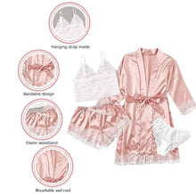 Load image into Gallery viewer, Women&#39;s Sexy Pajama Set - 4 Piece Lace Satin &amp; Silk Sleepwear with Robe - Summer