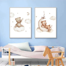 Load image into Gallery viewer, Set of 3 Frameless Cartoon Bear Balloon Cloud Nursery Wall Art Canvas Posters