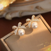 Load image into Gallery viewer, 2 Women's Silver Needle Bow Studded With Diamond Pearl Earrings, Fashionable And Niche Design, High-end And Refreshing Earrings