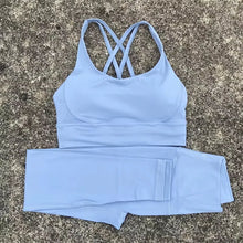 Load image into Gallery viewer, Solid Color Gym Fitness Set Tight Soft cross Fitness Bra 2pc compression High Waist Yoga Legging Suit Comprehensive Training Jog