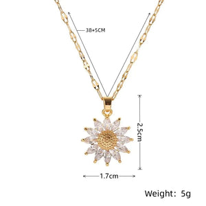 Luxury Flower Pendant Necklace: Gold Titanium Chain Zirconia Inlaid Jewelry