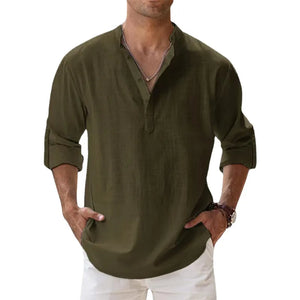 Men's Casual Cotton Linen Henley Beach Shirts - Lightweight Long Sleeve Hawaiian Tee