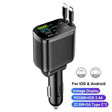 Load image into Gallery viewer, NEW Upgraded Retractable Car Charger 5 in 1, 69W Fast Charging PD30W+2.4A Voltage Display Dual Cables for iPhone &amp; Android