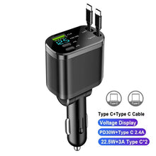 Load image into Gallery viewer, NEW Upgraded Retractable Car Charger 5 in 1, 69W Fast Charging PD30W+2.4A Voltage Display Dual Cables for iPhone &amp; Android