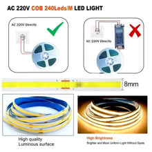 Load image into Gallery viewer, 220V COB LED Strip Light Flexible Tape Lights Smart IC No Need Driver High Bright 240 LEDs Linear Lighting RA95 Warm White 1-5m