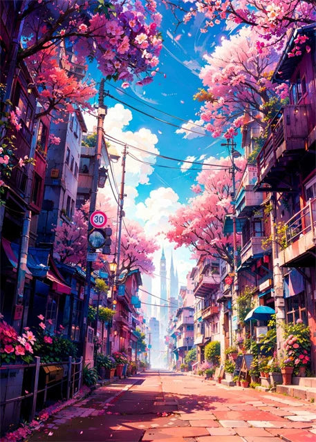 Japanese Street Scenery Sakura Architecture Canvas Posters and Prints Wall Art Paintings Mural for Modern Living Room Home Decor