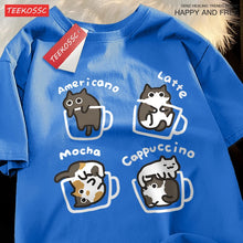 Load image into Gallery viewer, Cat Coffee Pure Cotton Trendy Summer Loose Short Sleeved T-shirt Men Women Original Mocha Latte Cat Three Flowers Fun Cat Tees