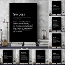 Load image into Gallery viewer, Black Minimalist Inspirational phrases Poster Print Success Focus Patience Definition Canvas Painting for Home Office Wall Decor