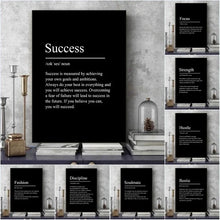 Load image into Gallery viewer, Black Minimalist Inspirational phrases Poster Print Success Focus Patience Definition Canvas Painting for Home Office Wall Decor