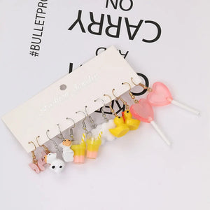 12 Pairs Children's Earrings Set - Butterfly, Candy, Duck, Cow, Mushroom Pendants