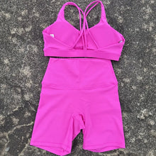Load image into Gallery viewer, Solid Color Gym Bike Yoga Set Short Legging Cross Back Sport Bra 2pc Tracksuit Athletic Women Gym Suit Comprehensive Training Jo