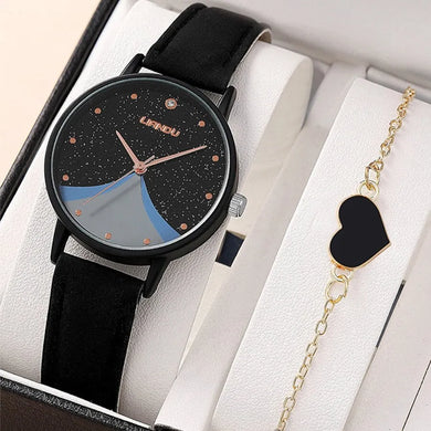 Women's Quartz Watch with Heart Bracelet Set - Fashion Casual Round Dial - Black Jewelry Set