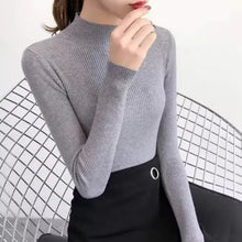 Load image into Gallery viewer, Autumn Winter Mock Neck Women Sweater Vintage Basic Solid Knitted Tops Casual Slim Pullover Korean Sweaters Simple Chic Jumpers
