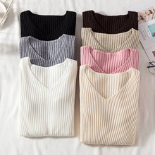 Load image into Gallery viewer, Autumn Winter Women Sweaters Casual Long Sleeve Knitted V Neck Pullover Sweater Femme Basic Solid Jersey Tops Fashion Clothes
