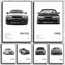 Load image into Gallery viewer, Black and White Japan Cars Luxury Super Sport Car Poster Aesthetic R34 Gtr 240sx Canvas Print for Wall Art Garage Room Decor
