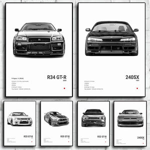 Black and White Japan Cars Luxury Super Sport Car Poster Aesthetic R34 Gtr 240sx Canvas Print for Wall Art Garage Room Decor