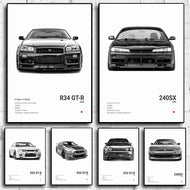 Black and White Japan Cars Luxury Super Sport Car Poster Aesthetic R34 Gtr 240sx Canvas Print for Wall Art Garage Room Decor