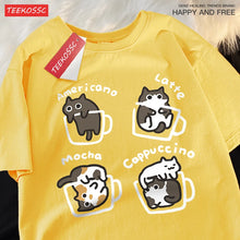 Load image into Gallery viewer, Cat Coffee Pure Cotton Trendy Summer Loose Short Sleeved T-shirt Men Women Original Mocha Latte Cat Three Flowers Fun Cat Tees