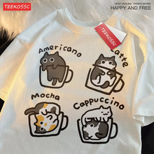 Load image into Gallery viewer, Cat Coffee Pure Cotton Trendy Summer Loose Short Sleeved T-shirt Men Women Original Mocha Latte Cat Three Flowers Fun Cat Tees