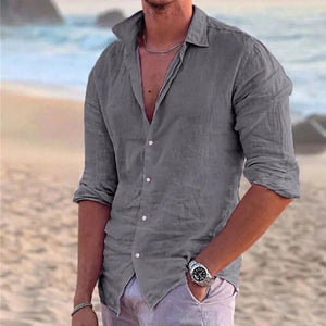 2024 Men's Cotton Linen Polo Shirt - Casual Long Sleeve Solid Hawaiian Beach Shirt